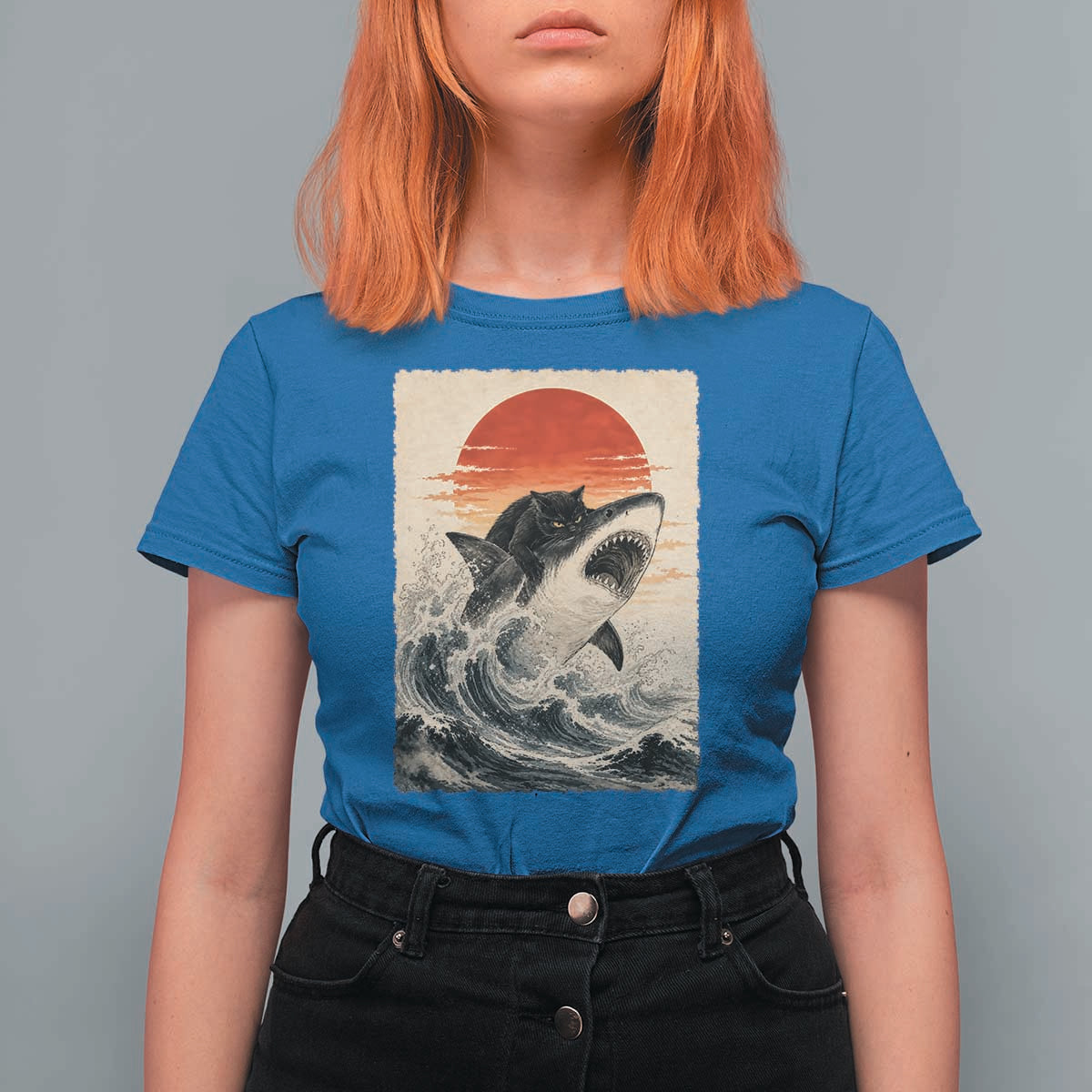 Black Cat Hunting Shark Ukiyo e Ocean Art T Shirt For Women Funny Japanese Style Graphic