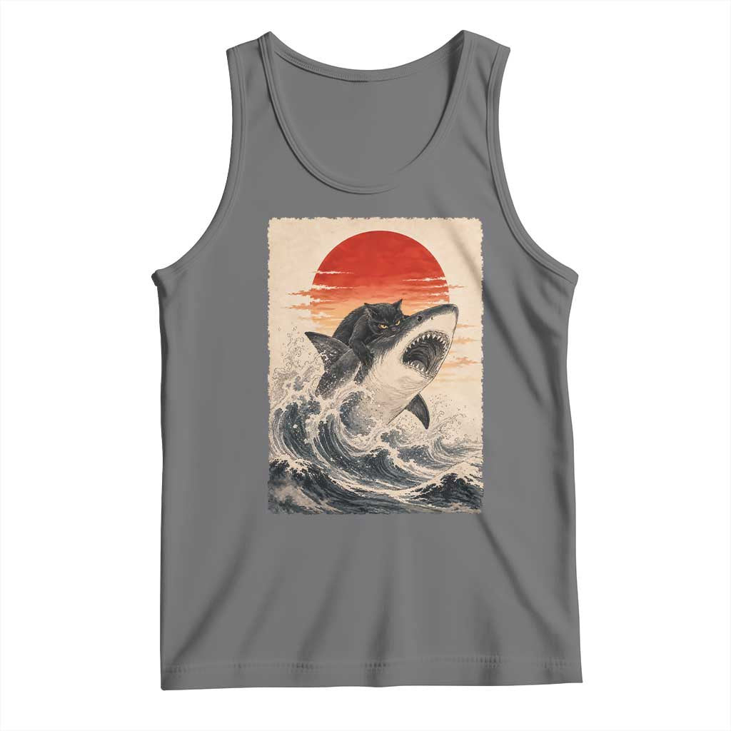 Black Cat Hunting Shark Ukiyo e Ocean Art Tank Top Funny Japanese Style Graphic