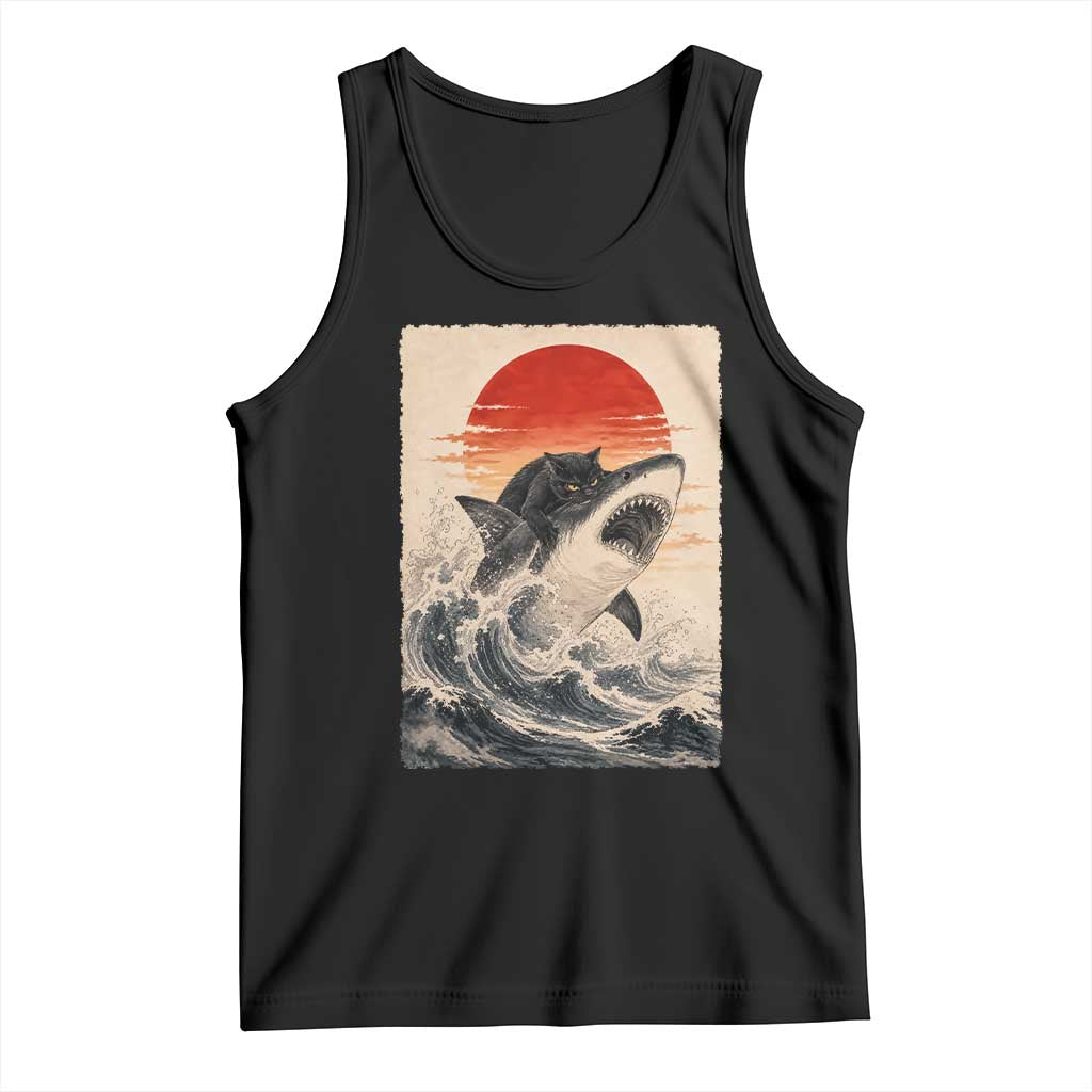 Black Cat Hunting Shark Ukiyo e Ocean Art Tank Top Funny Japanese Style Graphic