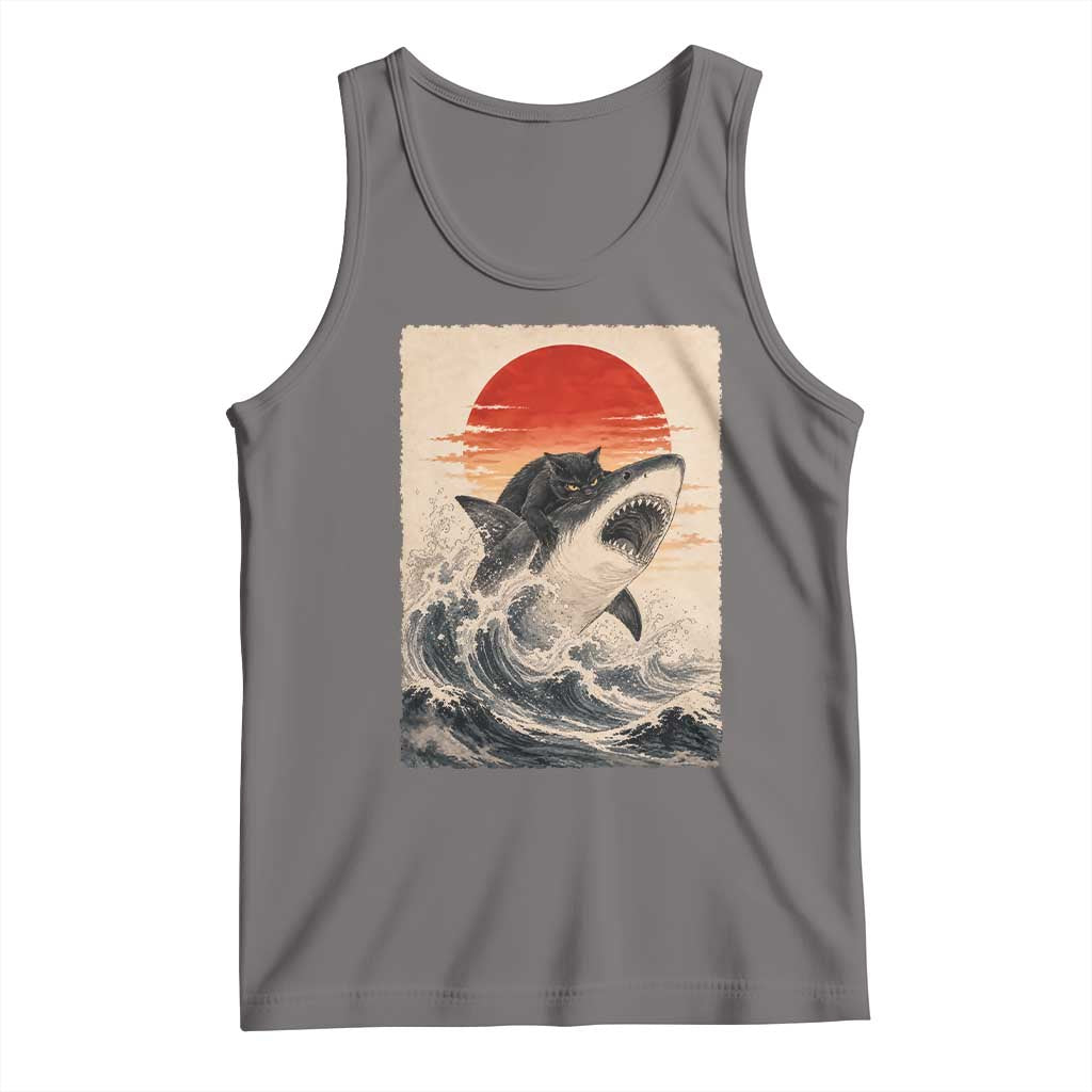 Black Cat Hunting Shark Ukiyo e Ocean Art Tank Top Funny Japanese Style Graphic