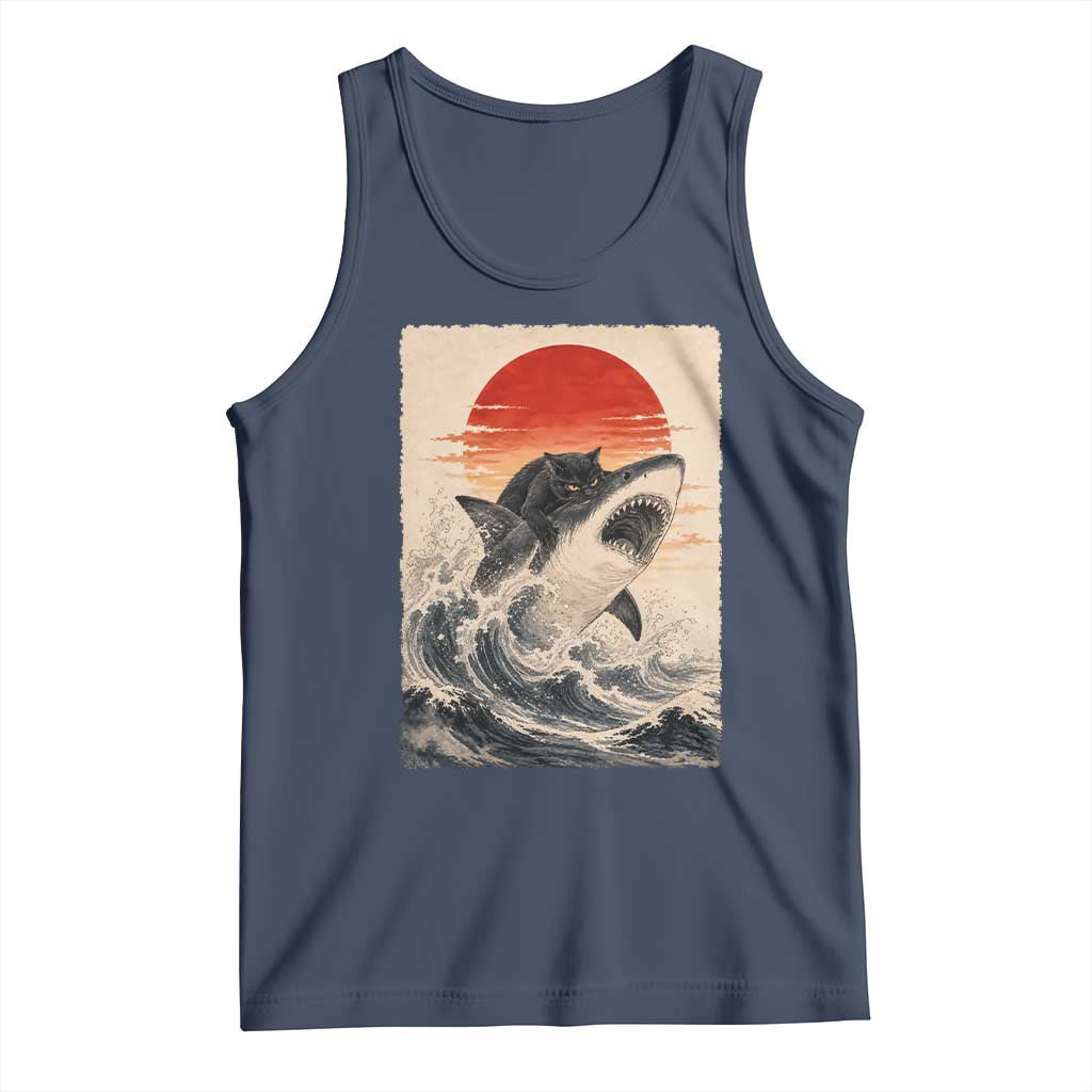 Black Cat Hunting Shark Ukiyo e Ocean Art Tank Top Funny Japanese Style Graphic