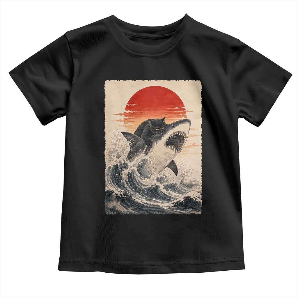 Black Cat Hunting Shark Ukiyo e Ocean Art Toddler T Shirt Funny Japanese Style Graphic