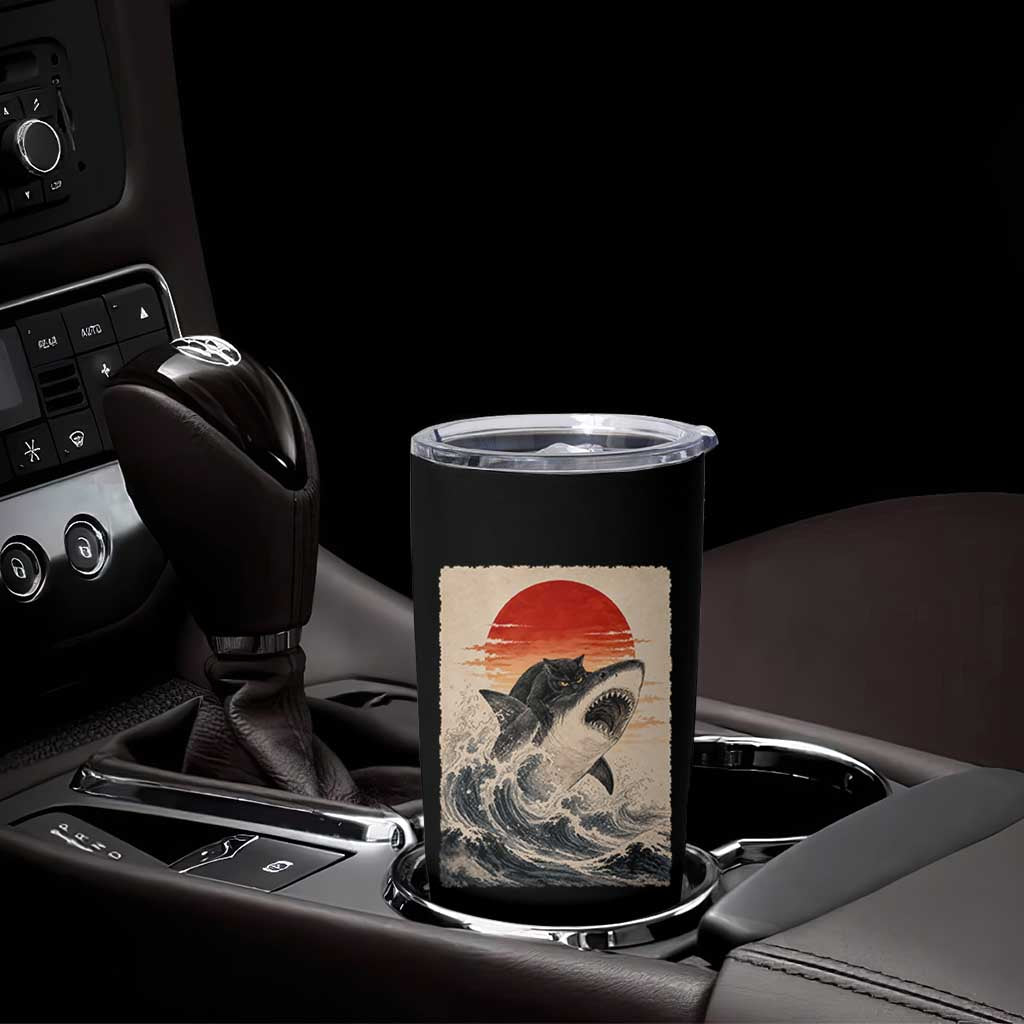 Black Cat Hunting Shark Ukiyo e Ocean Art Tumbler Cup Funny Japanese Style Graphic