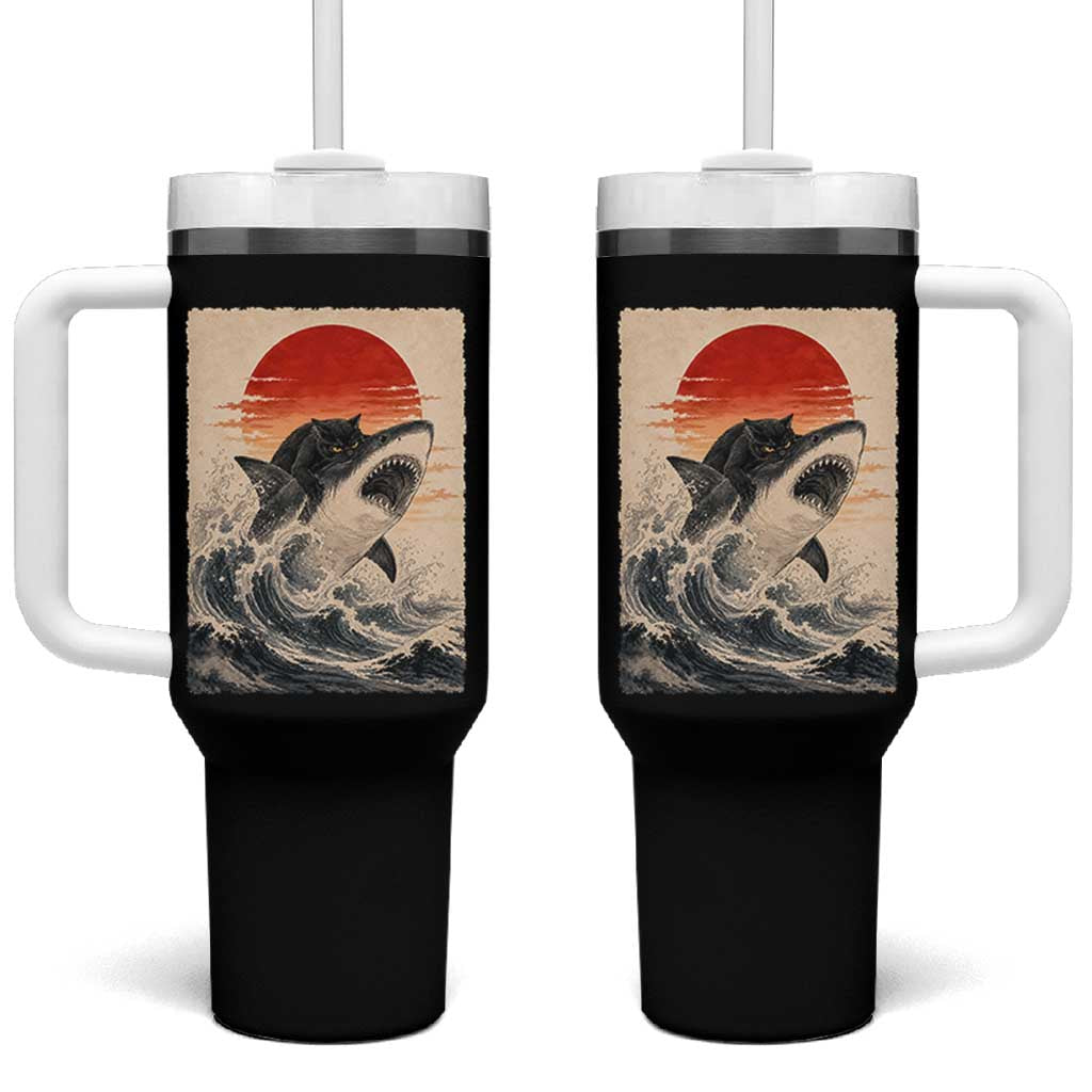Black Cat Hunting Shark Ukiyo e Ocean Art Tumbler With Handle Funny Japanese Style Graphic