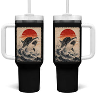 Black Cat Hunting Shark Ukiyo e Ocean Art Tumbler With Handle Funny Japanese Style Graphic