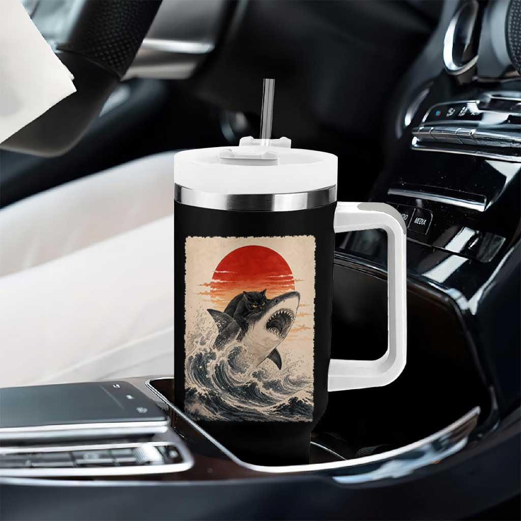 Black Cat Hunting Shark Ukiyo e Ocean Art Tumbler With Handle Funny Japanese Style Graphic