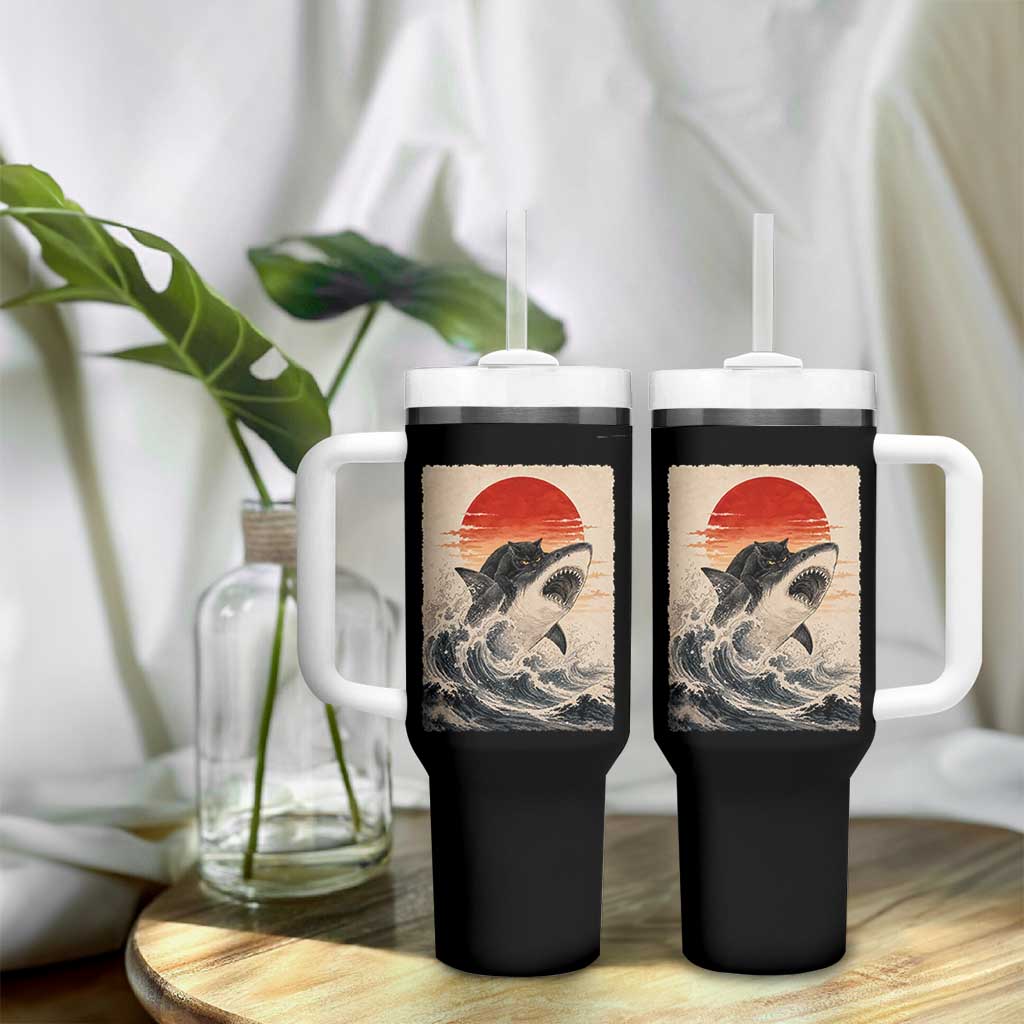 Black Cat Hunting Shark Ukiyo e Ocean Art Tumbler With Handle Funny Japanese Style Graphic