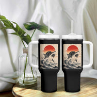 Black Cat Hunting Shark Ukiyo e Ocean Art Tumbler With Handle Funny Japanese Style Graphic