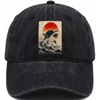Black Cat Hunting Shark Ukiyo e Ocean Art Washed Cotton Baseball Cap Funny Japanese Style Graphic