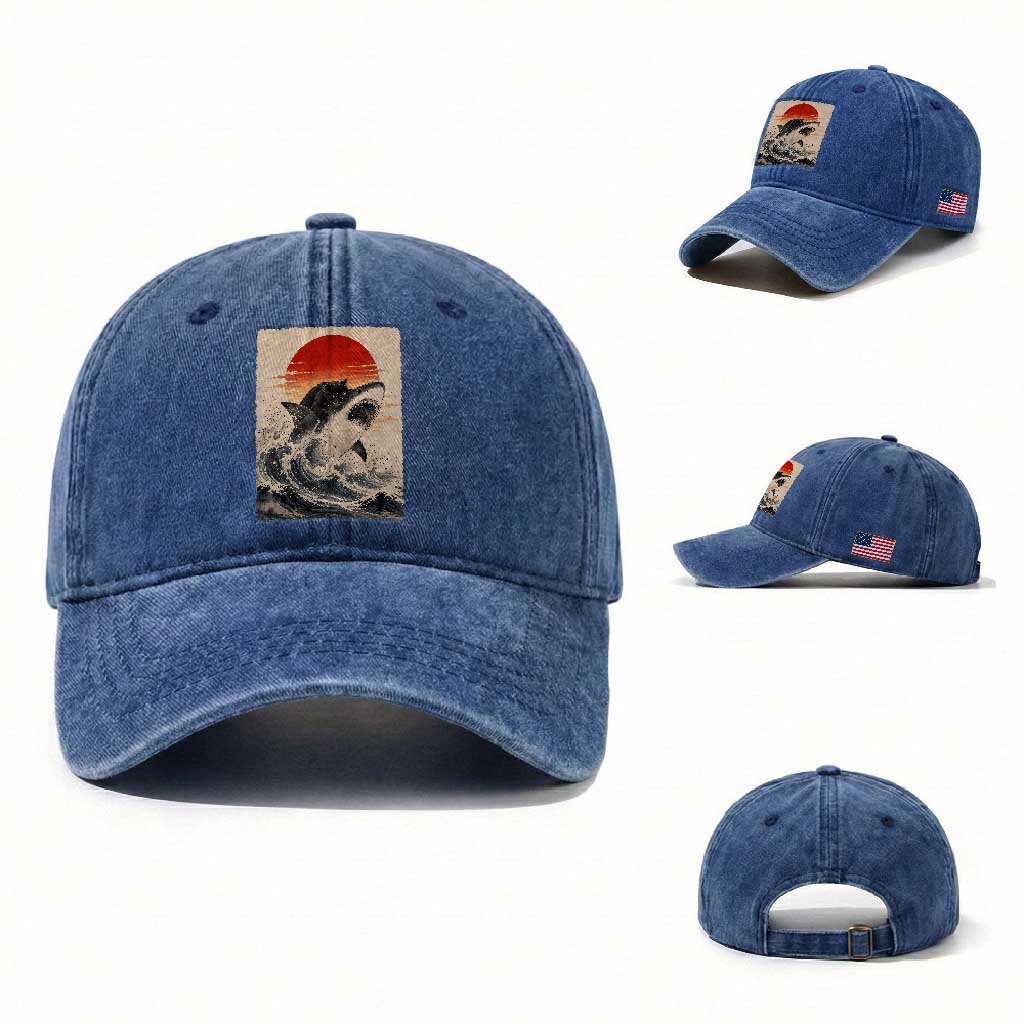 Black Cat Hunting Shark Ukiyo e Ocean Art Washed Cotton Baseball Cap Funny Japanese Style Graphic