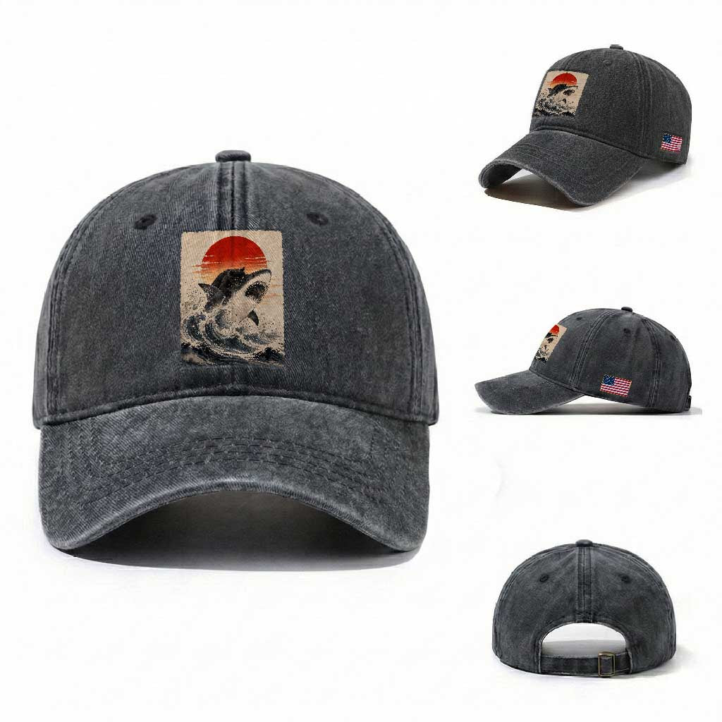 Black Cat Hunting Shark Ukiyo e Ocean Art Washed Cotton Baseball Cap Funny Japanese Style Graphic