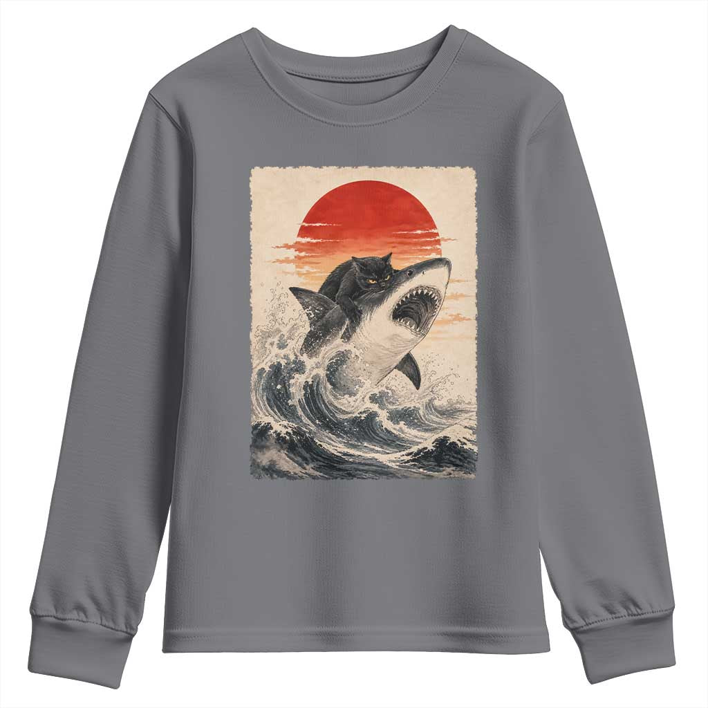 Black Cat Hunting Shark Ukiyo e Ocean Art Youth Sweatshirt Funny Japanese Style Graphic