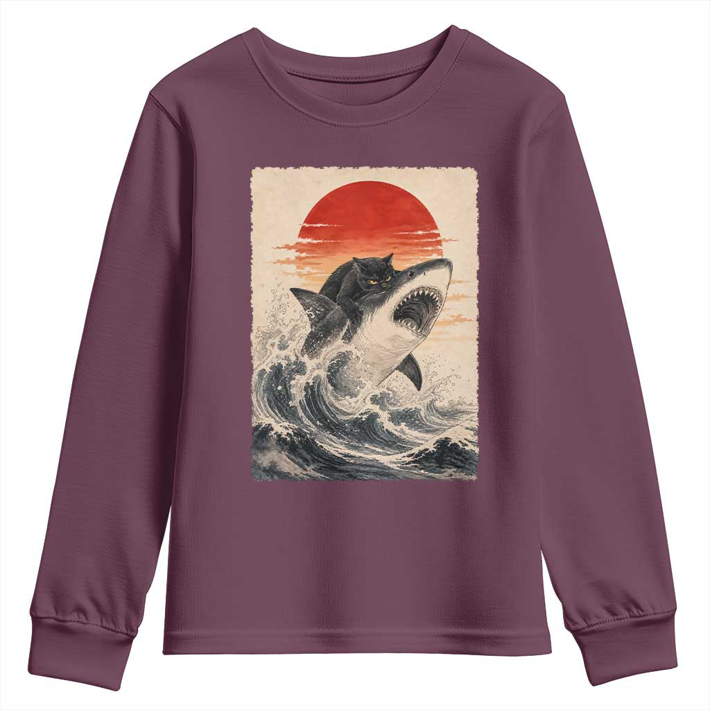 Black Cat Hunting Shark Ukiyo e Ocean Art Youth Sweatshirt Funny Japanese Style Graphic