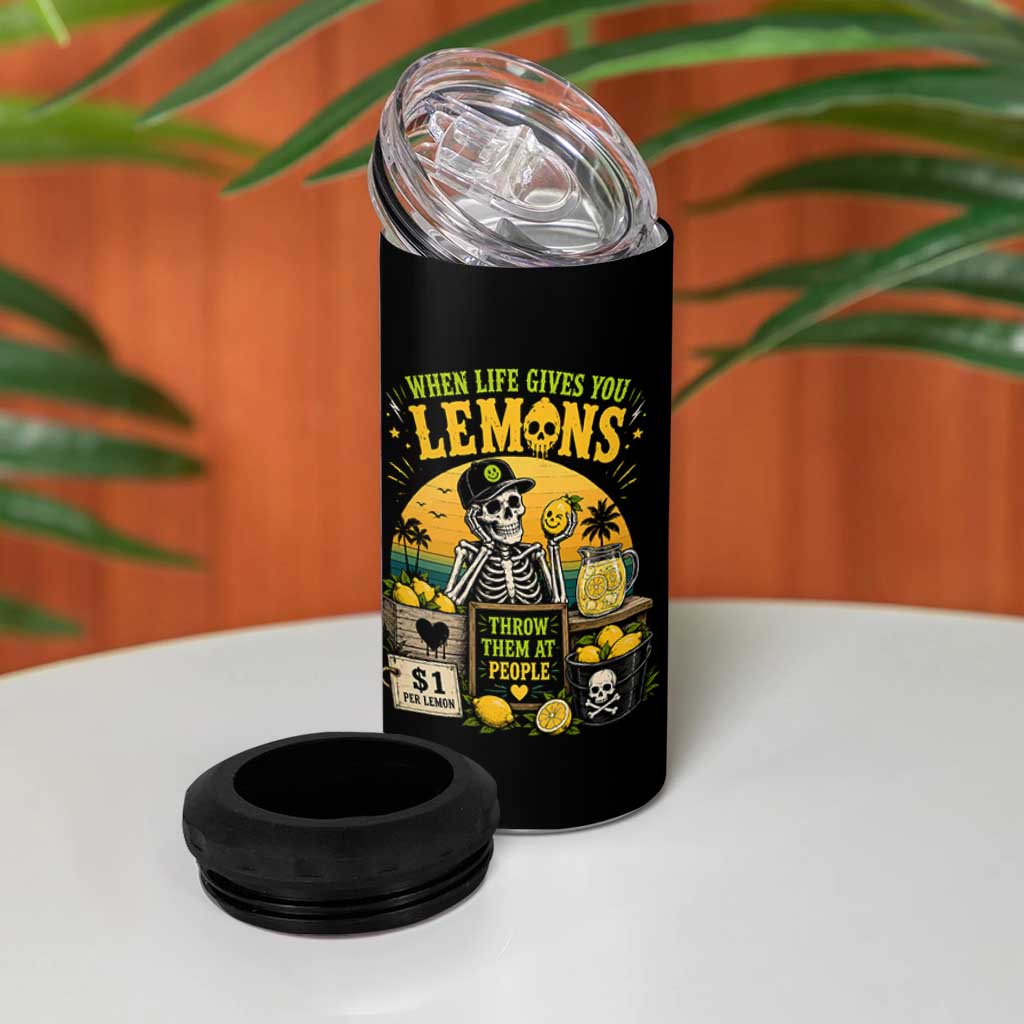 When Life Gives You Lemons Throw Them At People 4 in 1 Can Cooler Tumbler Skeleton Lemon Jokes