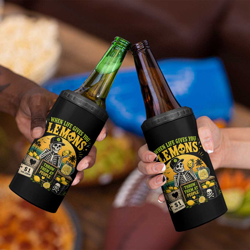 When Life Gives You Lemons Throw Them At People 4 in 1 Can Cooler Tumbler Skeleton Lemon Jokes