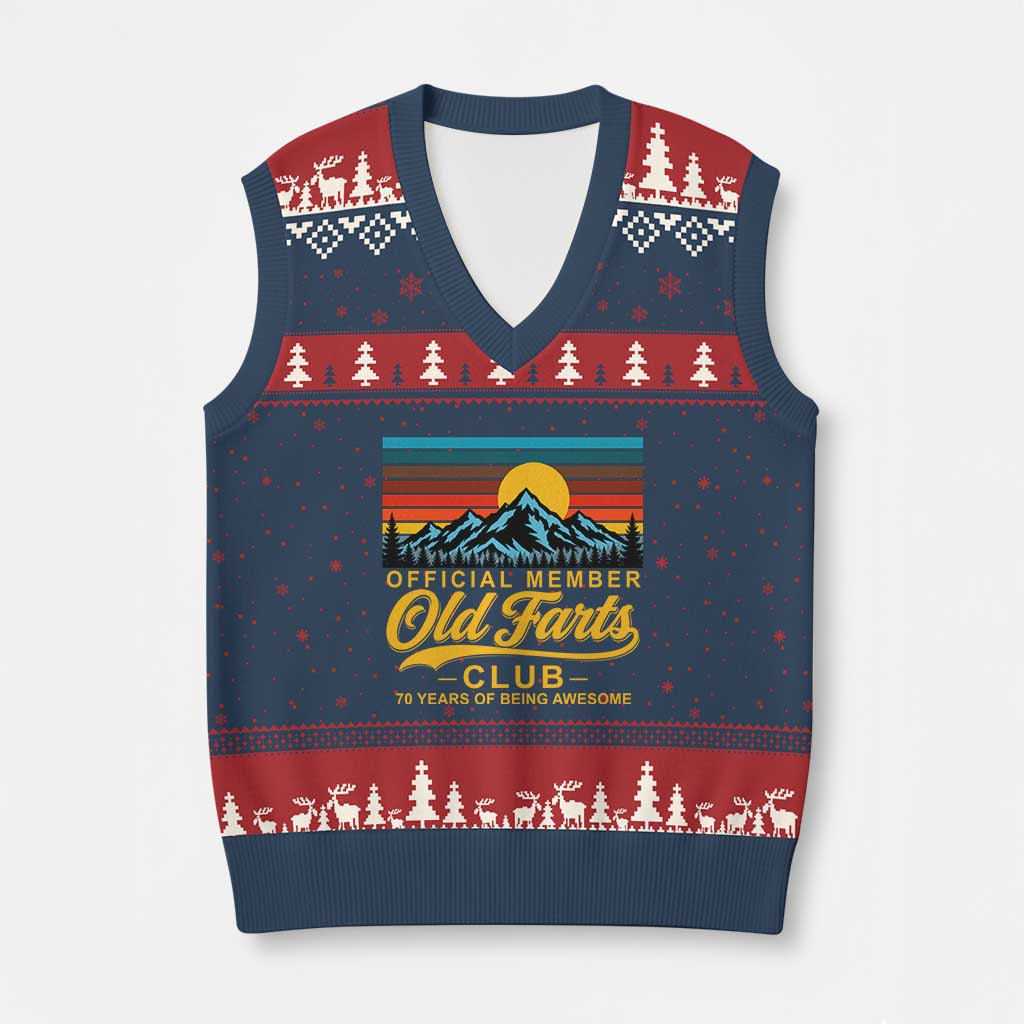 70th Birthday Official Member Old Fart Club V-Neck Knit Sweater Vest 70 Years of Being Awesome Funny Fart Joke Retro