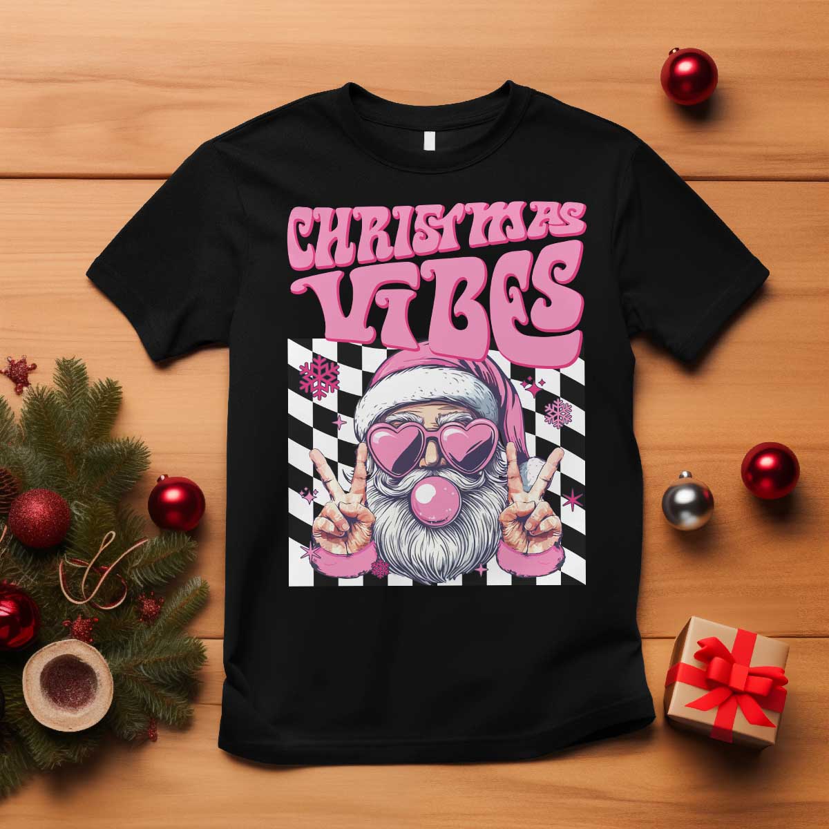 Funny Pink Santa Christmas T Shirt Christmas Vibes Checkboard - Wonder Print Shop