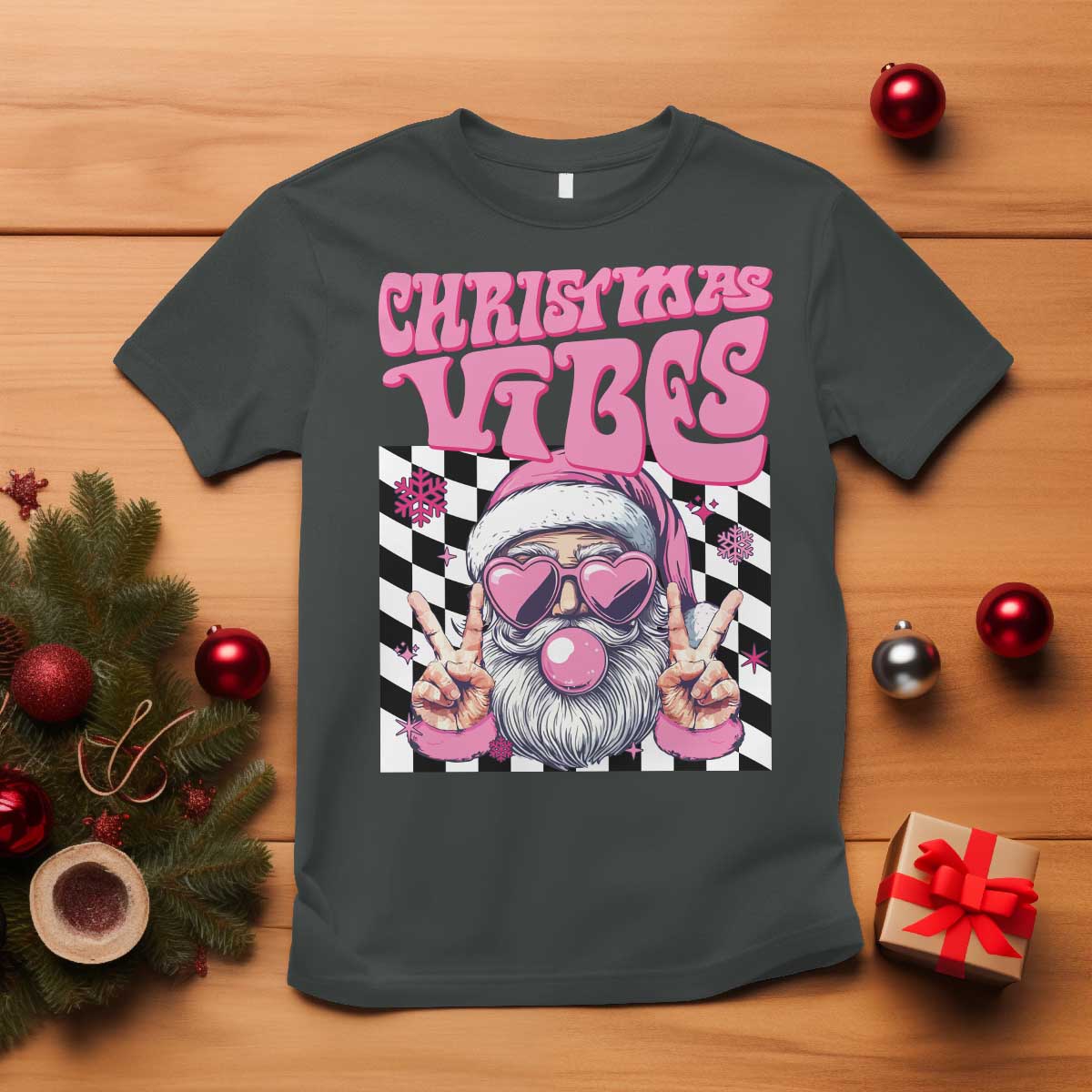 Funny Pink Santa Christmas T Shirt Christmas Vibes Checkboard - Wonder Print Shop