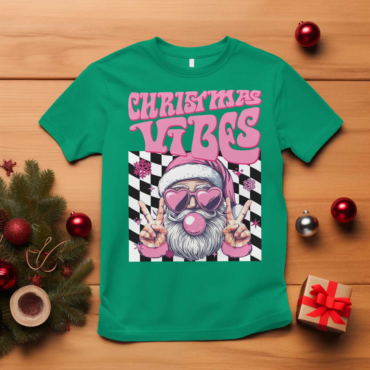 Funny Pink Santa Christmas T Shirt Christmas Vibes Checkboard - Wonder Print Shop