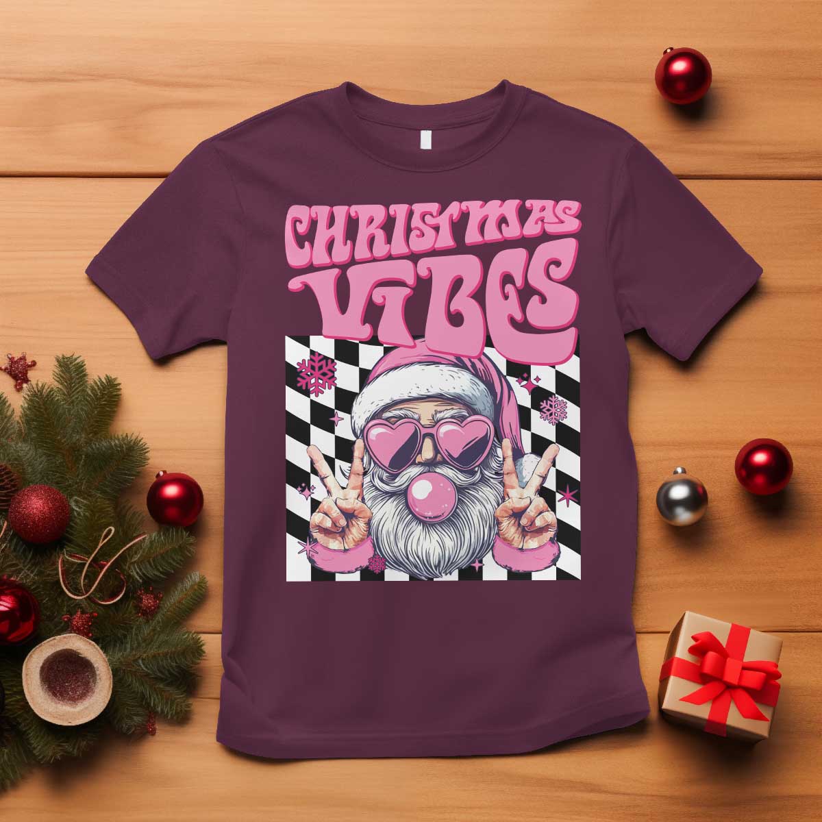 Funny Pink Santa Christmas T Shirt Christmas Vibes Checkboard - Wonder Print Shop