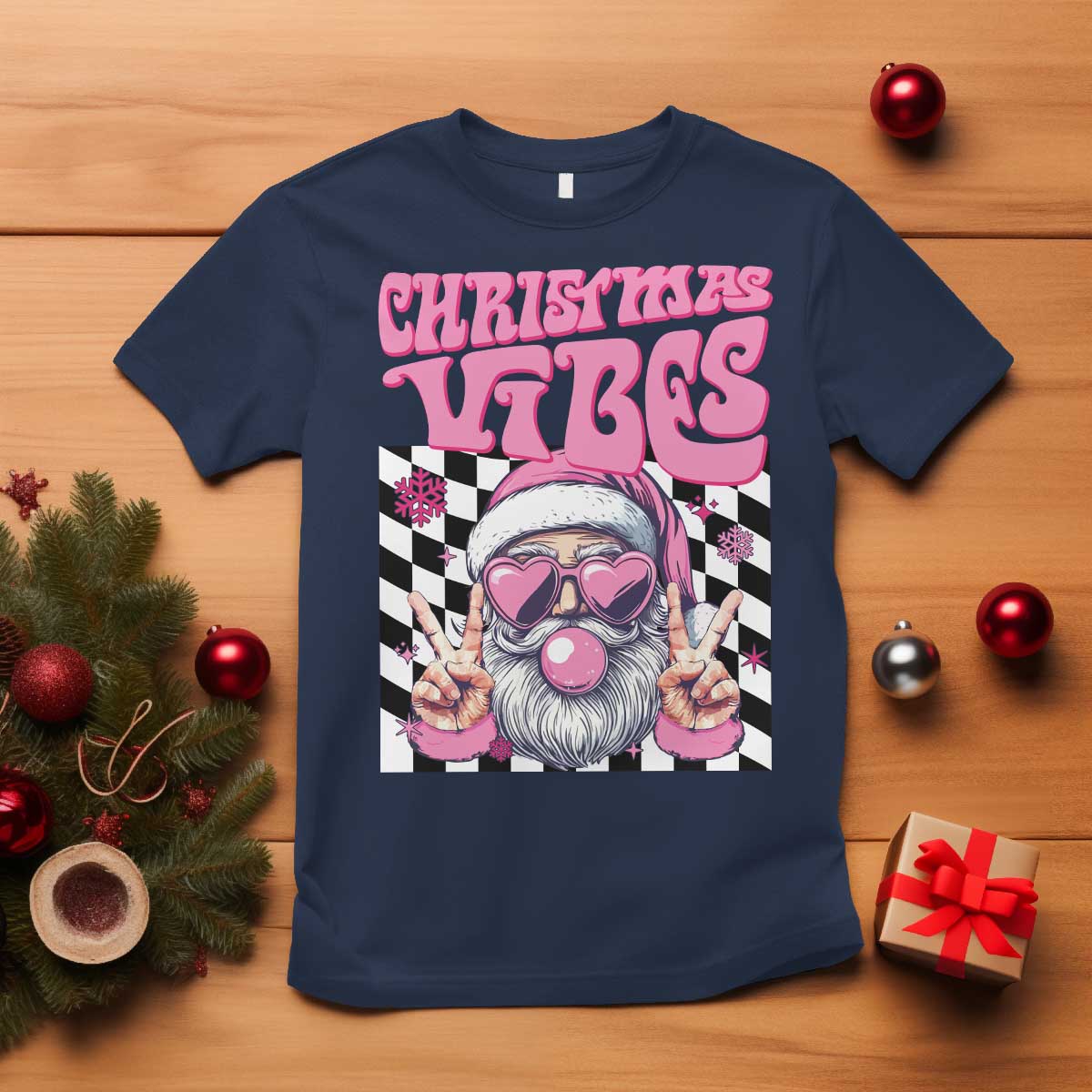 Funny Pink Santa Christmas T Shirt Christmas Vibes Checkboard - Wonder Print Shop