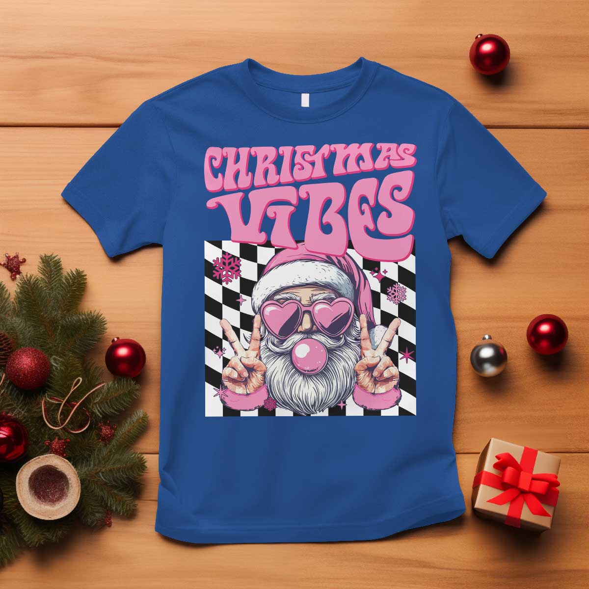 Funny Pink Santa Christmas T Shirt Christmas Vibes Checkboard - Wonder Print Shop