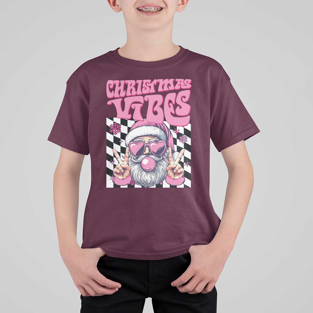 Funny Pink Santa Christmas T Shirt For Kid Christmas Vibes Checkboard - Wonder Print Shop