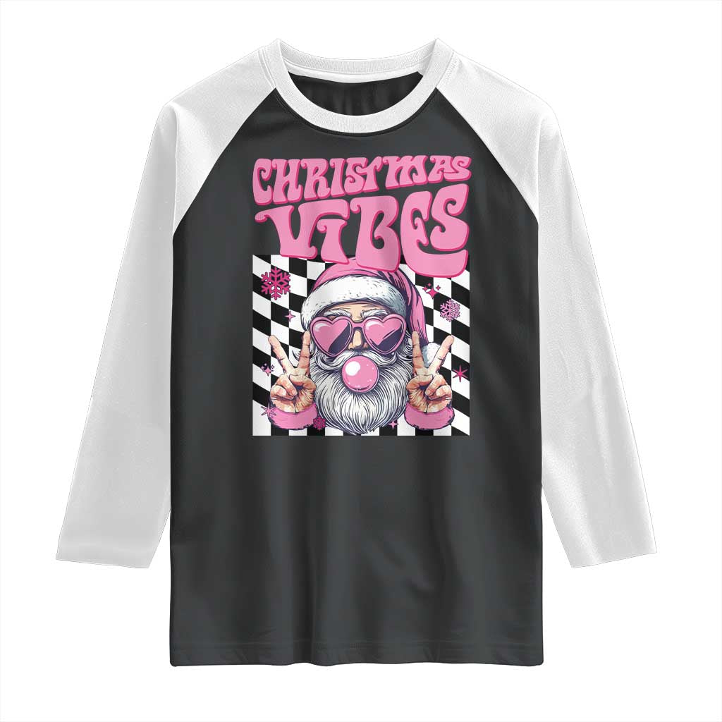 Funny Pink Santa Christmas Raglan Shirt Christmas Vibes Checkboard - Wonder Print Shop