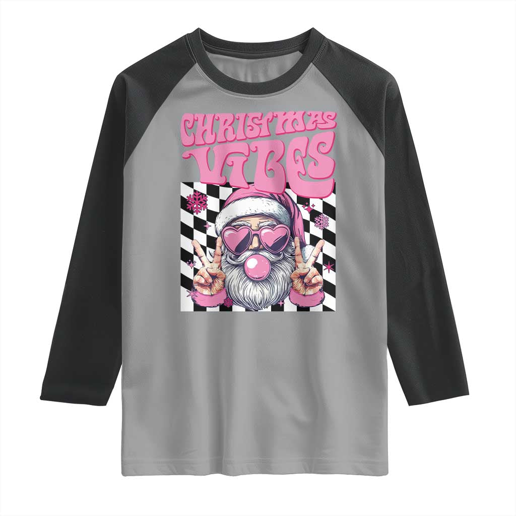 Funny Pink Santa Christmas Raglan Shirt Christmas Vibes Checkboard - Wonder Print Shop