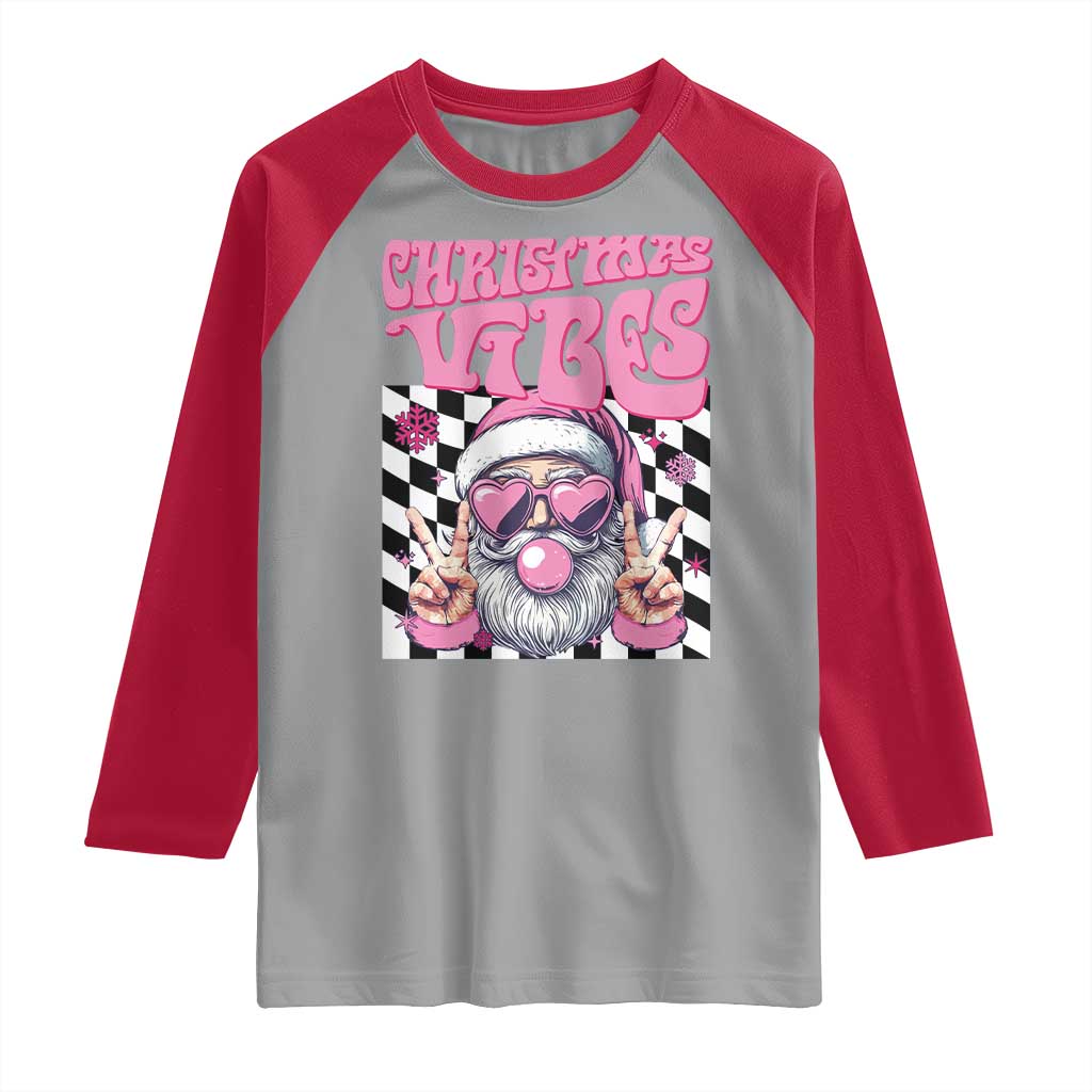 Funny Pink Santa Christmas Raglan Shirt Christmas Vibes Checkboard - Wonder Print Shop