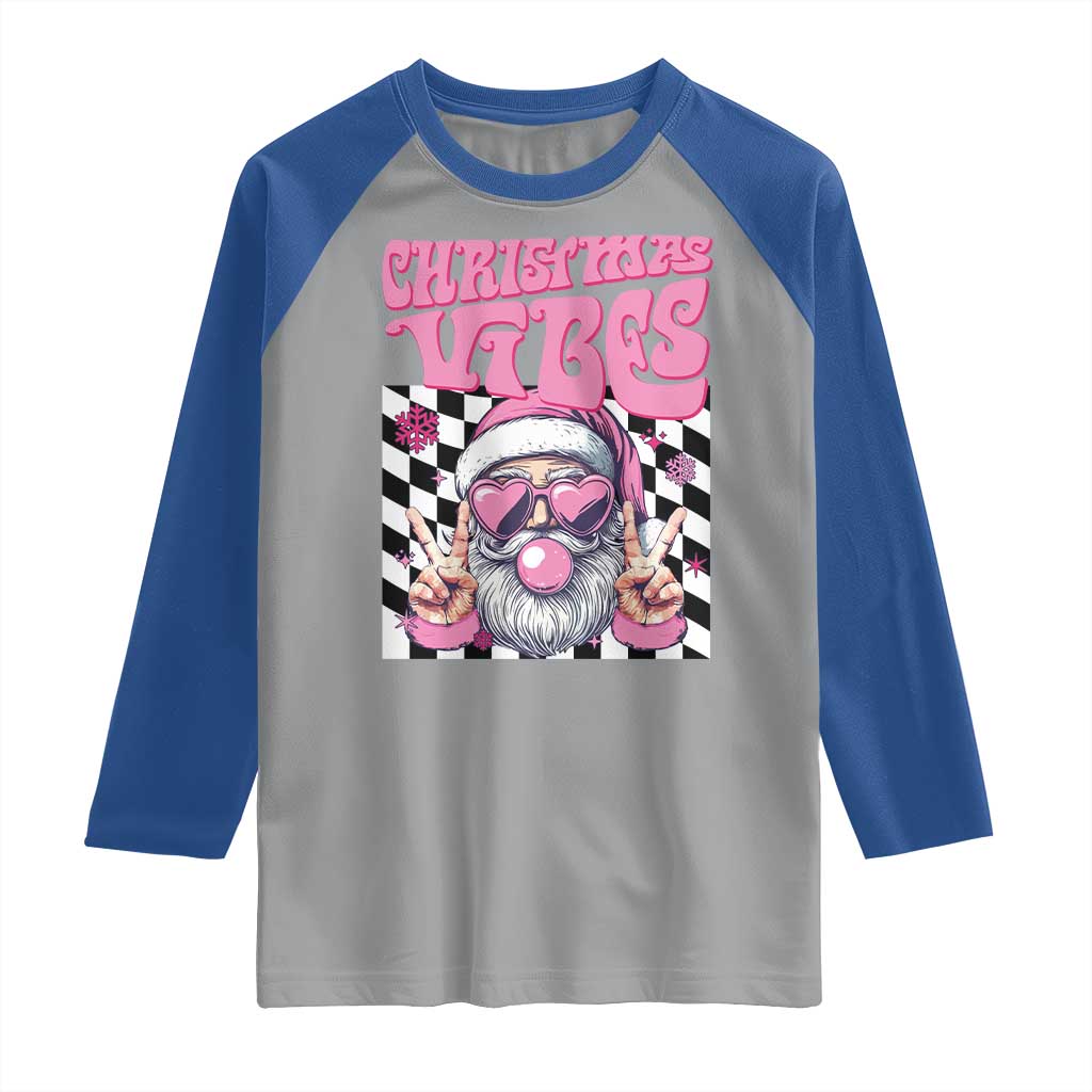 Funny Pink Santa Christmas Raglan Shirt Christmas Vibes Checkboard - Wonder Print Shop