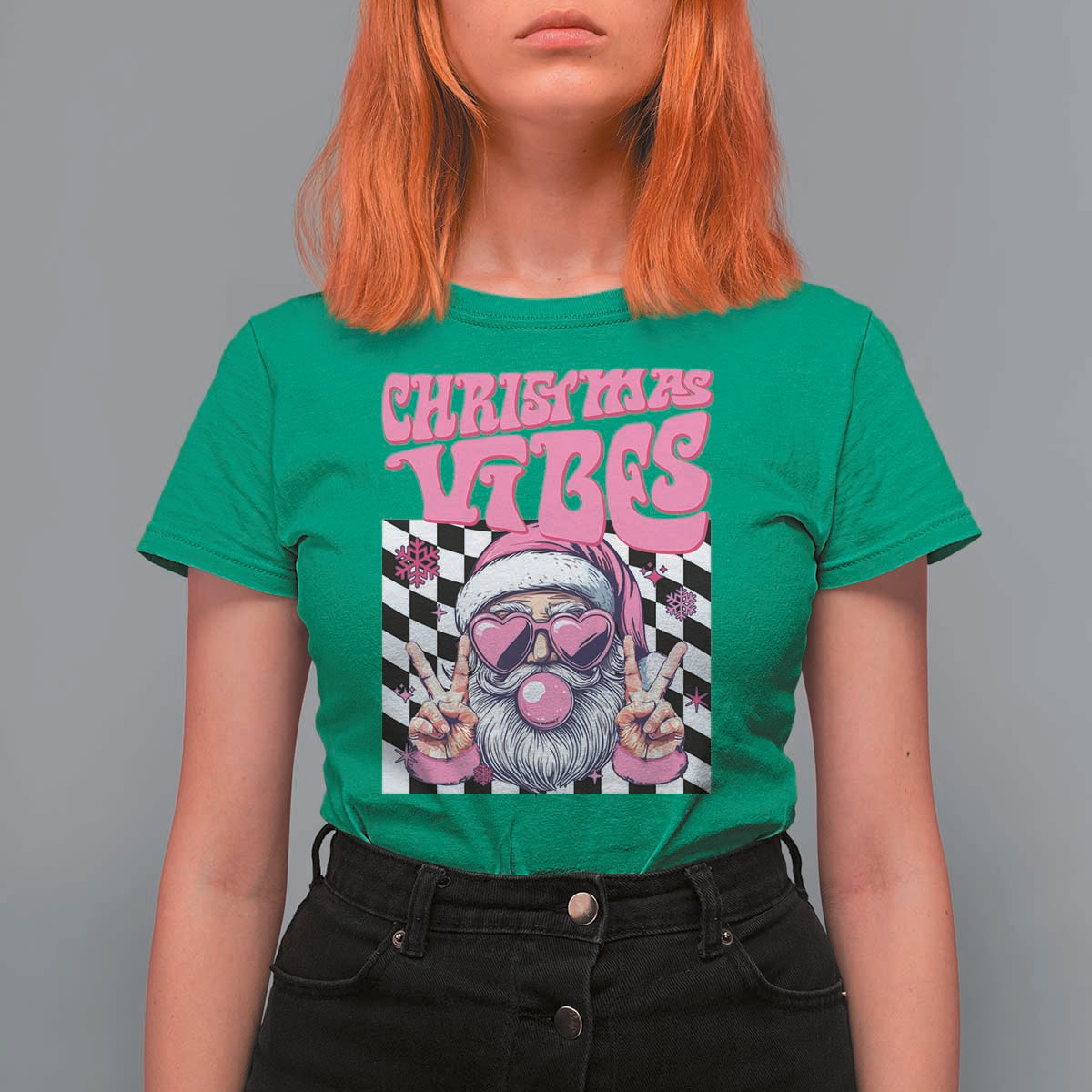 Funny Pink Santa Christmas T Shirt For Women Christmas Vibes Checkboard - Wonder Print Shop