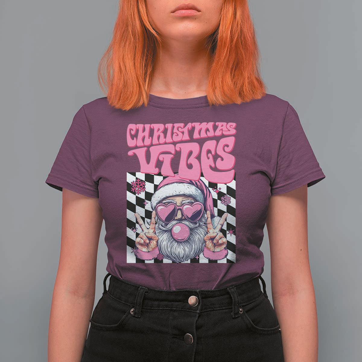 Funny Pink Santa Christmas T Shirt For Women Christmas Vibes Checkboard - Wonder Print Shop