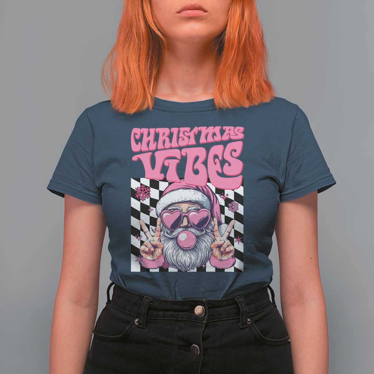 Funny Pink Santa Christmas T Shirt For Women Christmas Vibes Checkboard - Wonder Print Shop