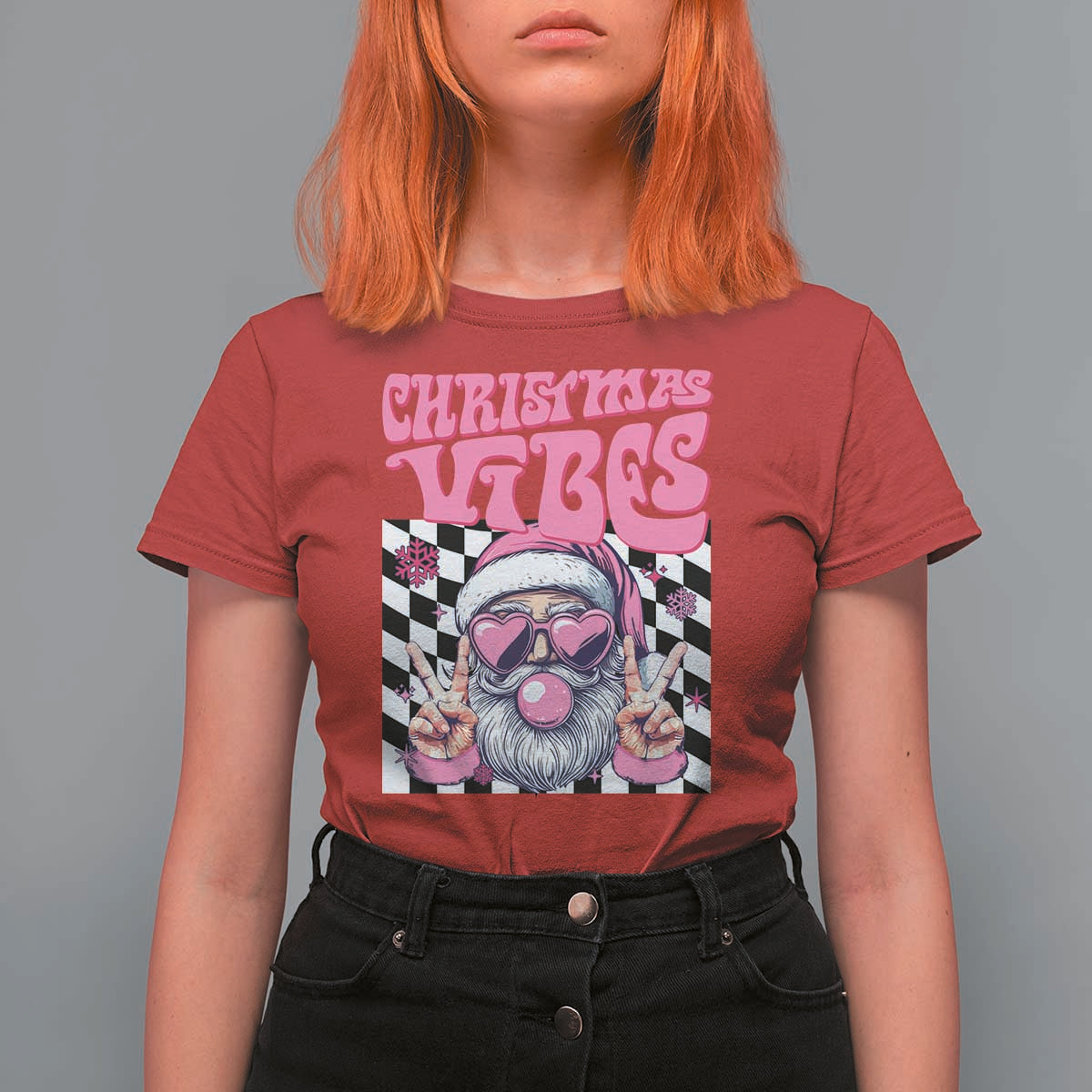 Funny Pink Santa Christmas T Shirt For Women Christmas Vibes Checkboard - Wonder Print Shop