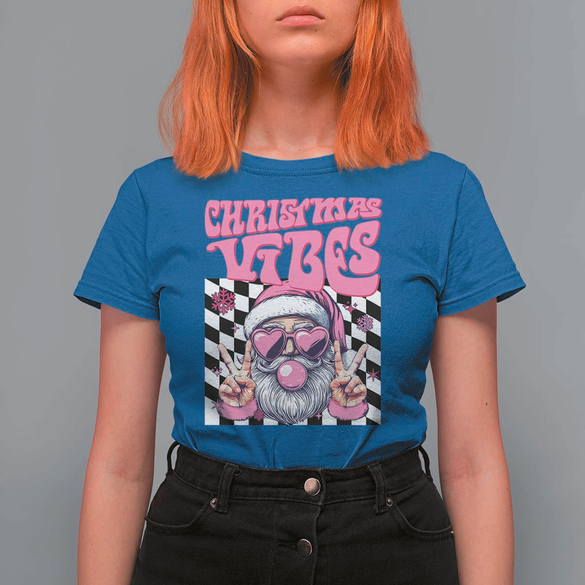 Funny Pink Santa Christmas T Shirt For Women Christmas Vibes Checkboard - Wonder Print Shop