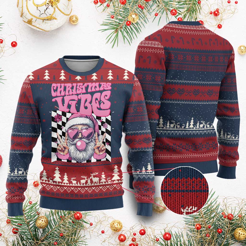 Funny Pink Santa Xmas Ugly Christmas Sweater Xmas Vibes Checkboard - Wonder Print Shop