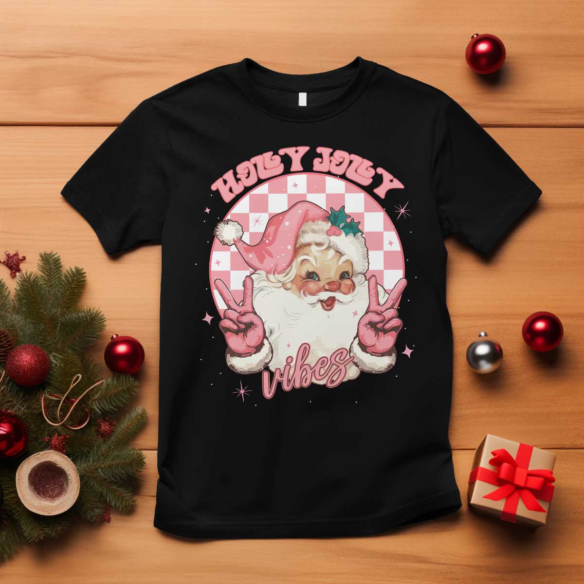 Funny Christmas T Shirt Holly Jolly Vibes Retro Pink Santa - Wonder Print Shop