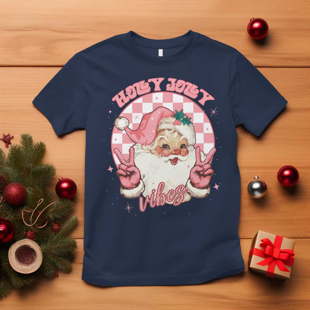 Funny Christmas T Shirt Holly Jolly Vibes Retro Pink Santa - Wonder Print Shop