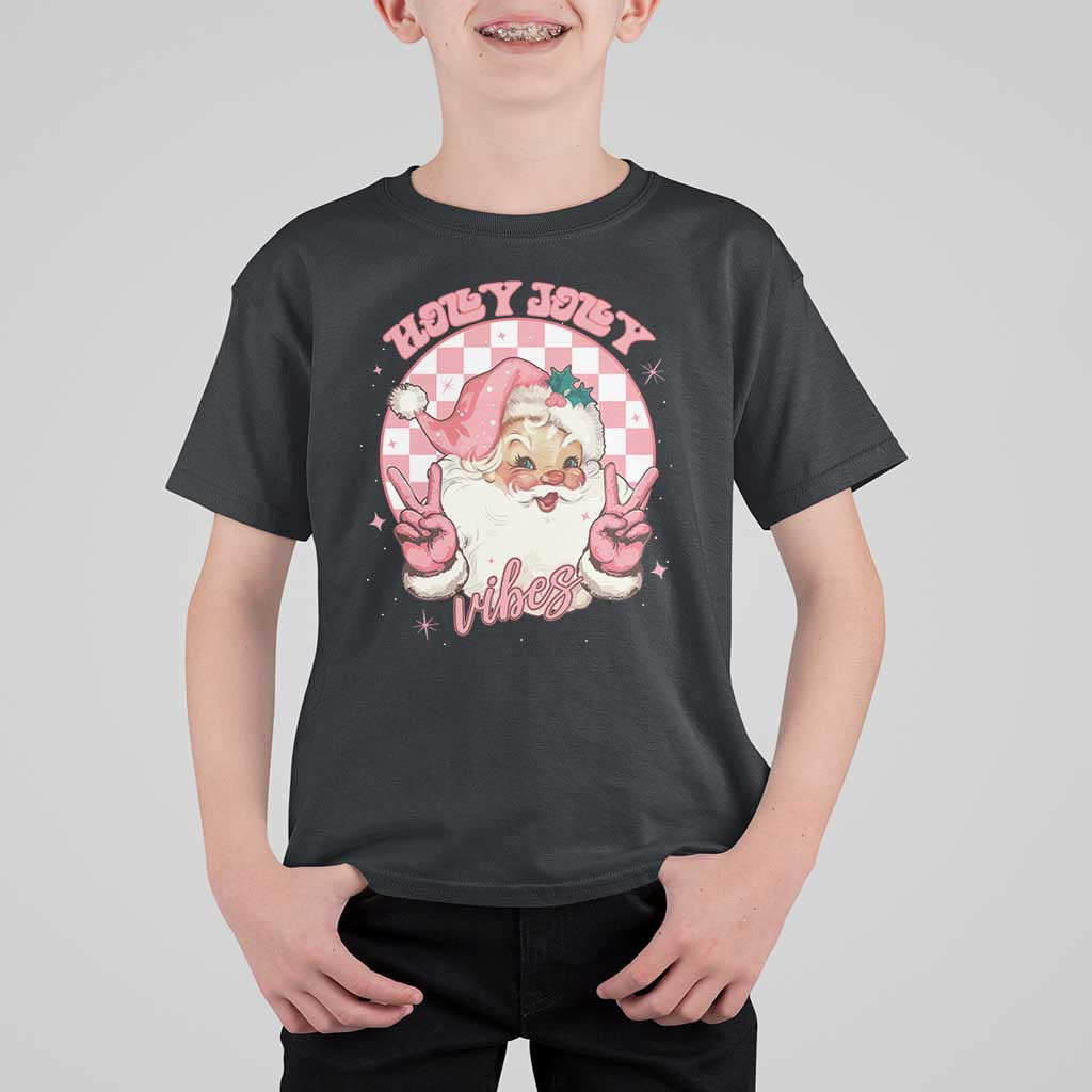 Funny Christmas T Shirt For Kid Holly Jolly Vibes Retro Pink Santa - Wonder Print Shop