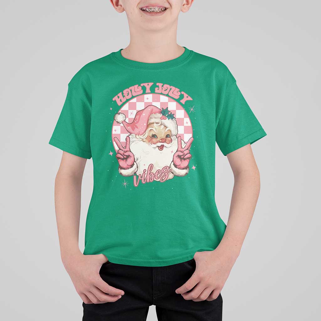 Funny Christmas T Shirt For Kid Holly Jolly Vibes Retro Pink Santa - Wonder Print Shop