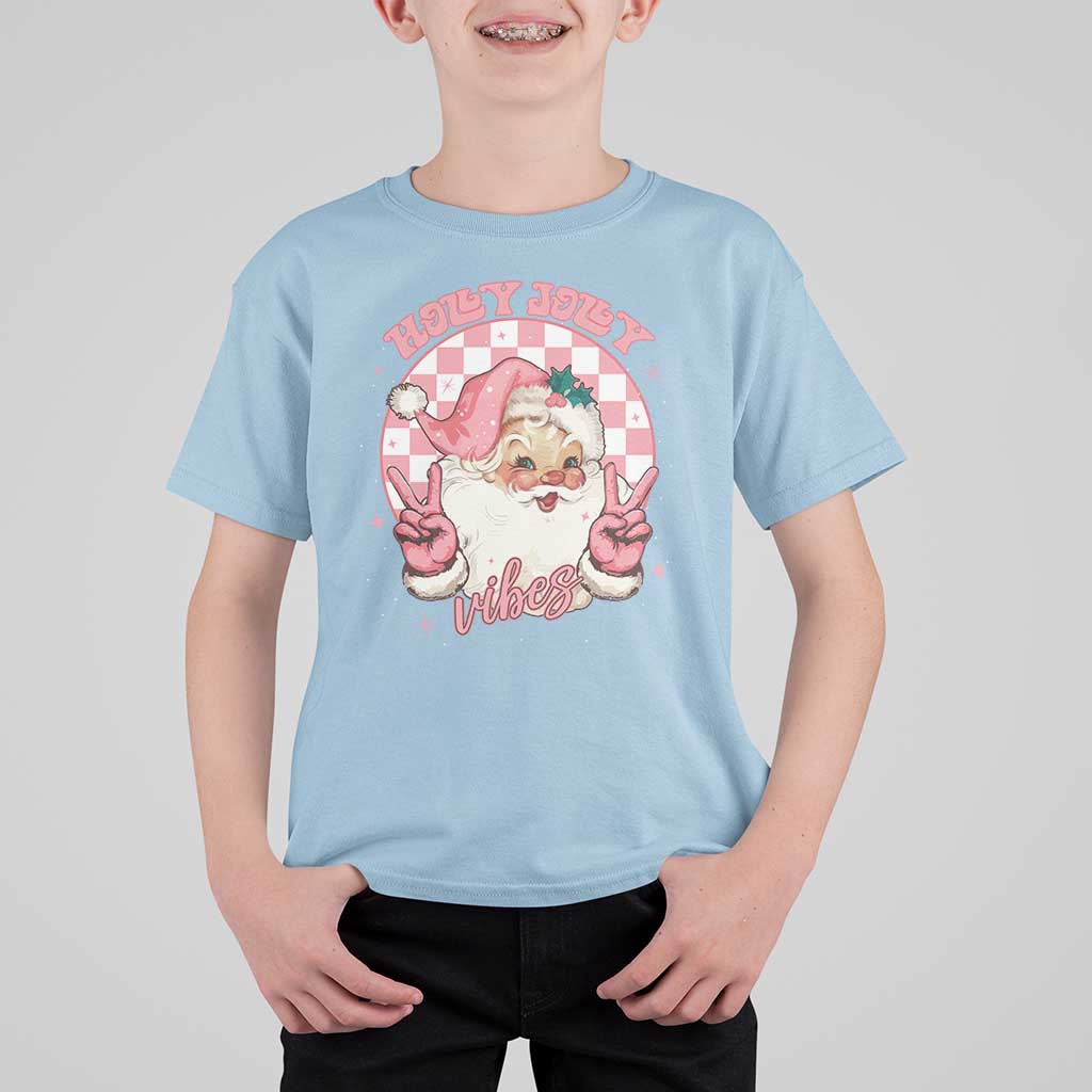 Funny Christmas T Shirt For Kid Holly Jolly Vibes Retro Pink Santa - Wonder Print Shop
