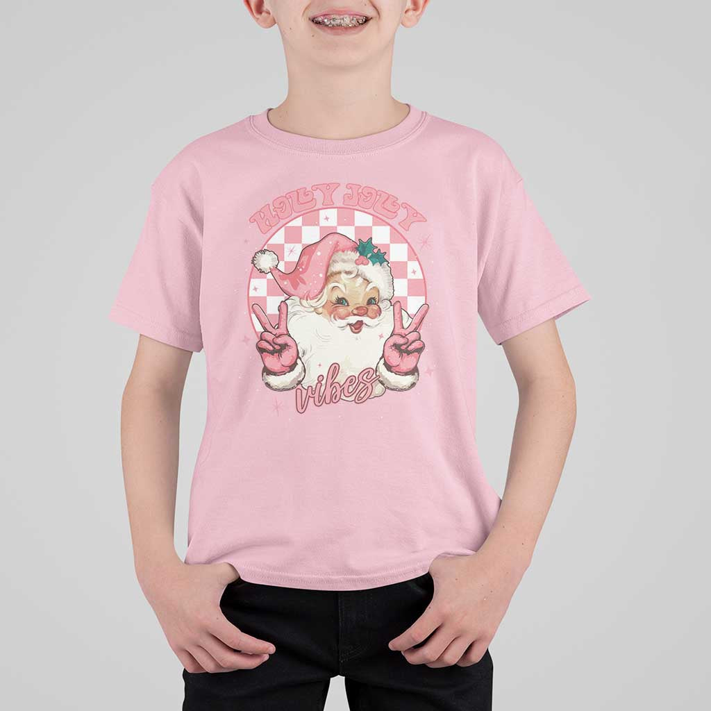 Funny Christmas T Shirt For Kid Holly Jolly Vibes Retro Pink Santa - Wonder Print Shop