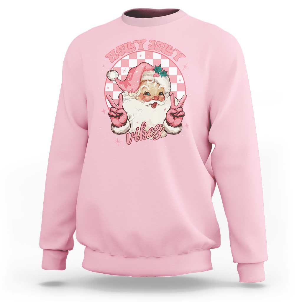Funny Christmas Sweatshirt Holly Jolly Vibes Retro Pink Santa - Wonder Print Shop