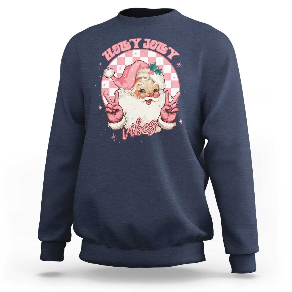 Funny Christmas Sweatshirt Holly Jolly Vibes Retro Pink Santa - Wonder Print Shop