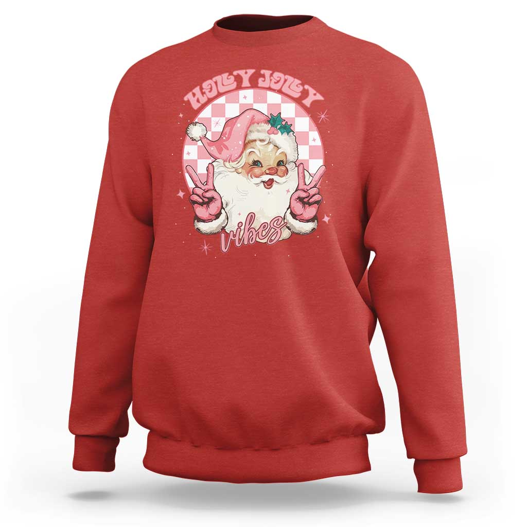 Funny Christmas Sweatshirt Holly Jolly Vibes Retro Pink Santa - Wonder Print Shop