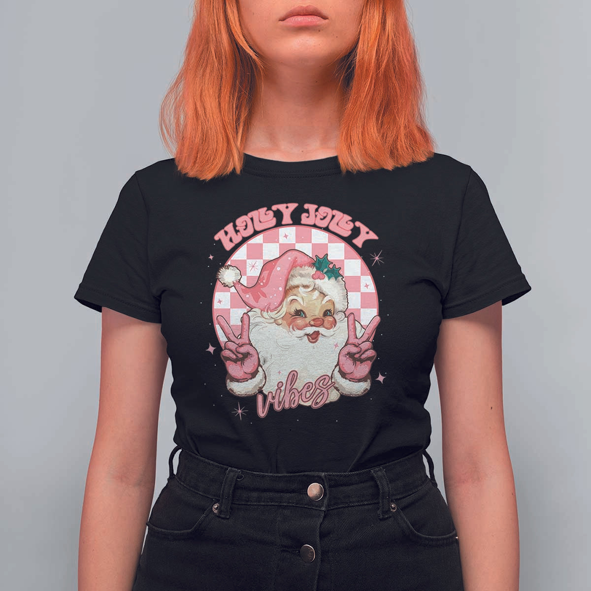 Funny Christmas T Shirt For Women Holly Jolly Vibes Retro Pink Santa - Wonder Print Shop