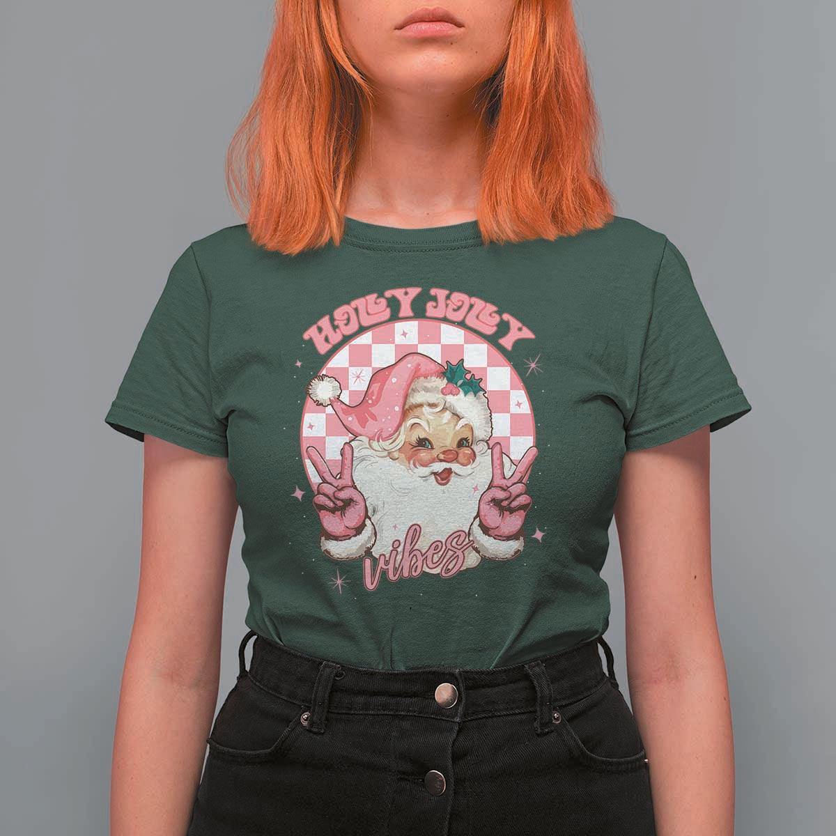 Funny Christmas T Shirt For Women Holly Jolly Vibes Retro Pink Santa - Wonder Print Shop