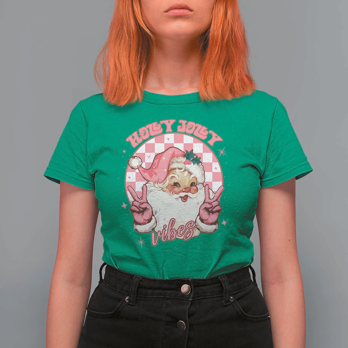 Funny Christmas T Shirt For Women Holly Jolly Vibes Retro Pink Santa - Wonder Print Shop