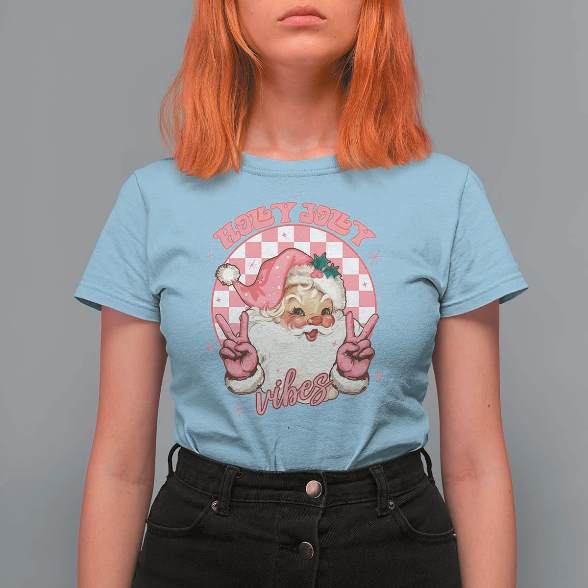 Funny Christmas T Shirt For Women Holly Jolly Vibes Retro Pink Santa - Wonder Print Shop